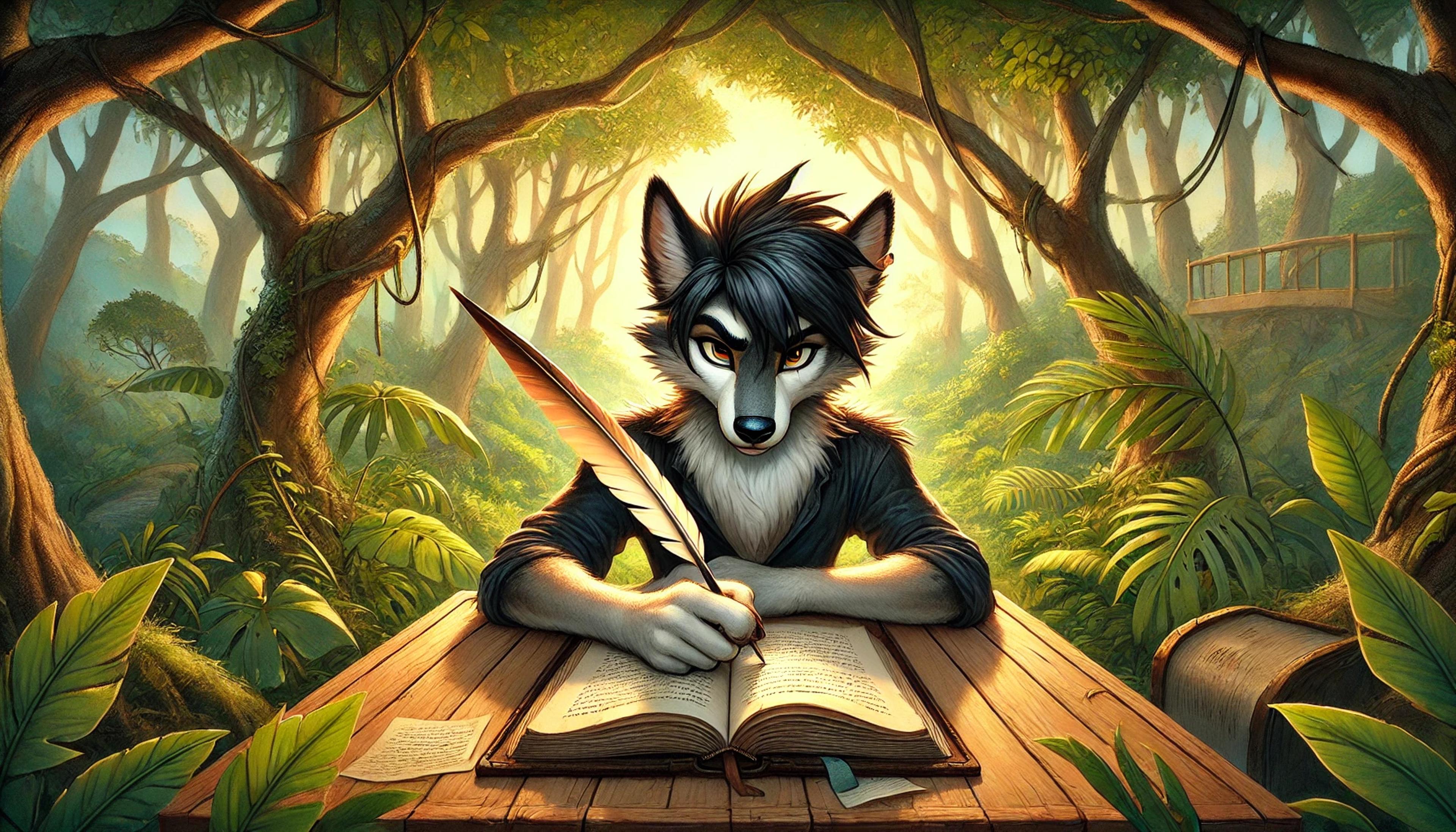 Werewolf writing at table in jungle